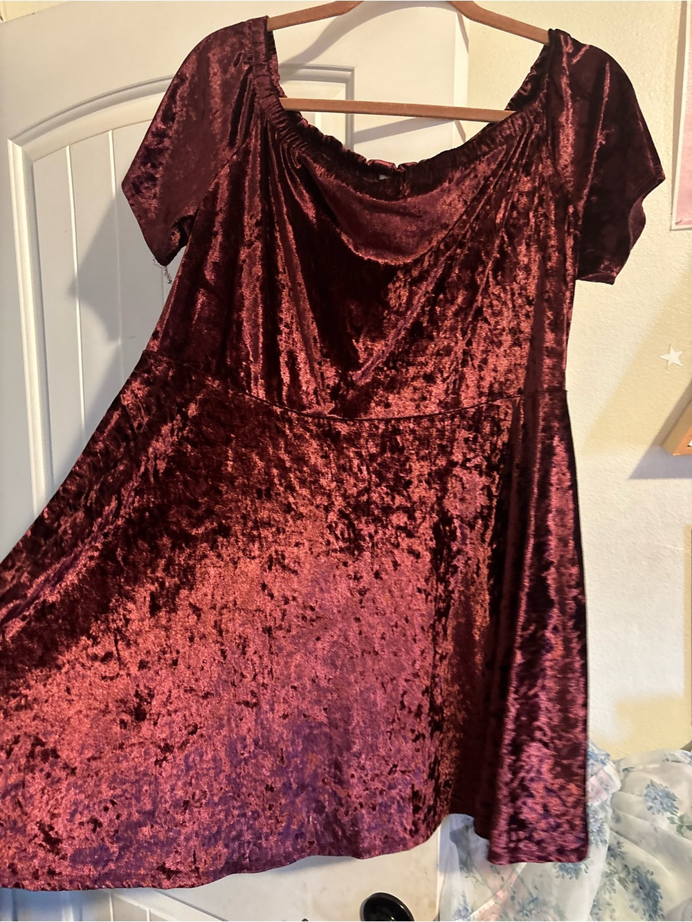 Xhilaration Off-Shoulder Velvet Mini Dress in Wine Red